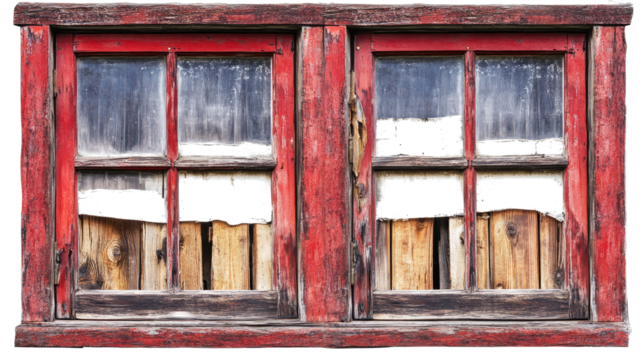 Old Wooden Window With Red Frames and Shadows Generative AI