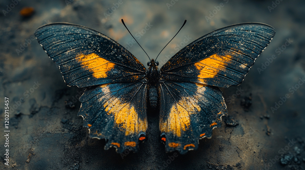 Poster colorful butterfly resting on dark surface showcasing intricate wing patterns and textures