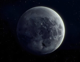 Obraz premium Realistic 3D view of the moon with detailed craters and glowing edges in a dark starry sky.