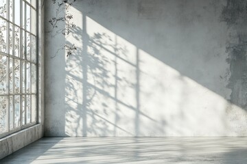 Obraz premium Sunlit empty room with large window and plant shadows.