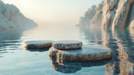 two stepping stones in the water near a mountain