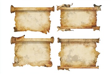 Four old, tattered scrolls with a faded, worn look