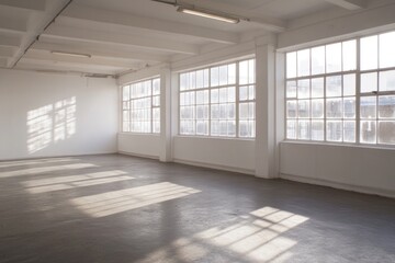 Obraz premium Sunlit empty white room with large windows and concrete floor.