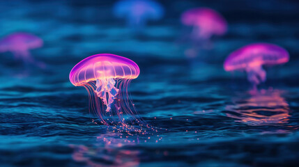 Ocean Scene Featuring Multi-Colored Jellyfish Gliding Through Gentle Waves in Vibrant Colors