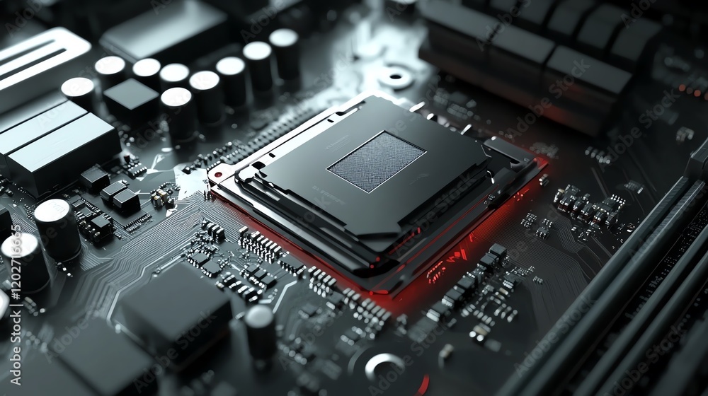 Poster high-tech computer motherboard showcasing a cpu socket with intricate electronic components in a mod