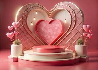 valentines background with heart Podium element with 3d realistic Valentine day ornament and...