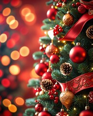 Fototapeta premium Festive Christmas Tree with Red Ornaments and Warm Bokeh Lights on Vibrant Red Background, Celebrating Holiday Joy and Spirit.