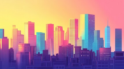 Vibrant City Skyline at Sunset Colorful Buildings