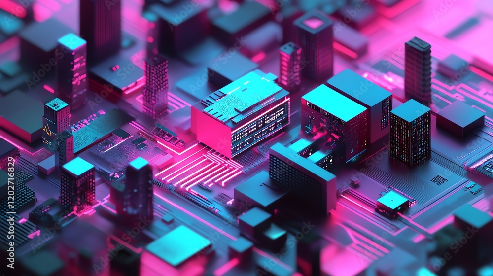 Poster exploring a vibrant and intricate circuit board glowing with neon colors in a futuristic technology 