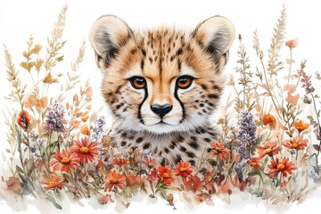 Fototapeta premium A charming illustration of a cheetah cub surrounded by colorful flowers and greenery.