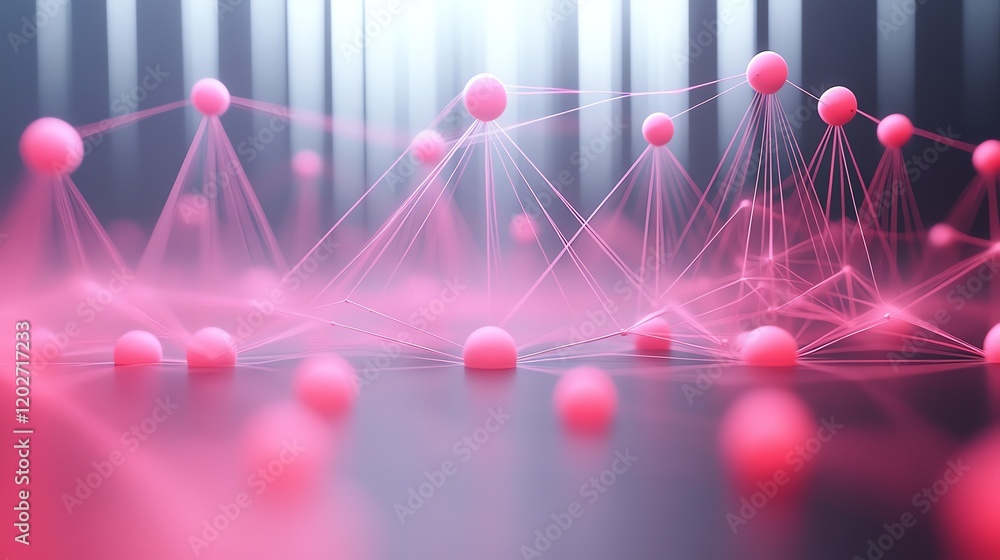 Poster visual representation of interconnected nodes in a pink color scheme, showcasing data networking and