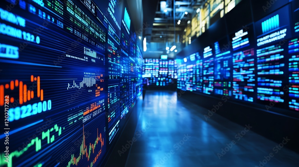 Poster visual display of financial data on multiple screens in a trading environment during daytime operati