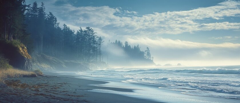 A misty shoreline with crashing waves and tall pine trees exudes a mysterious, calming presence in soft blue tones.