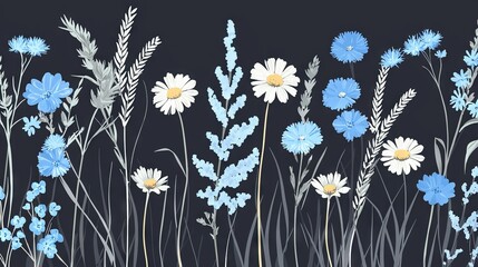 Obraz premium A monochromatic painting of blue and white flowers against a dark background, featuring lush grass and vibrant flora in the foreground