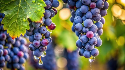 A close-up shot of wine grapes hanging from the vine with dew drops glistening on their surface, vine, farm