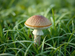 A close-up shot of a single brown mushroom cap with white gills and a stem among a bed of white grass, wildlife, brown mushrooms