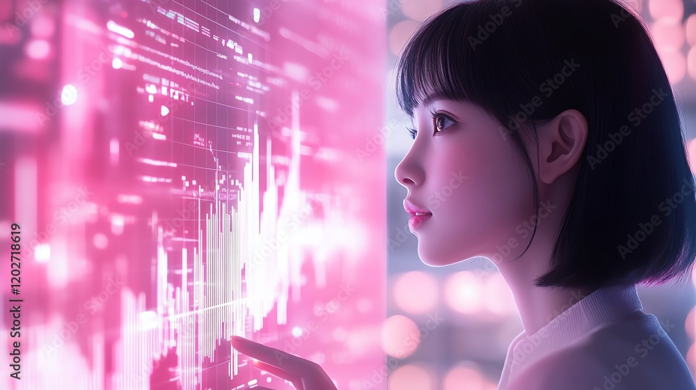 Poster young woman interacts with digital interface displaying data and graphs in a modern setting during e