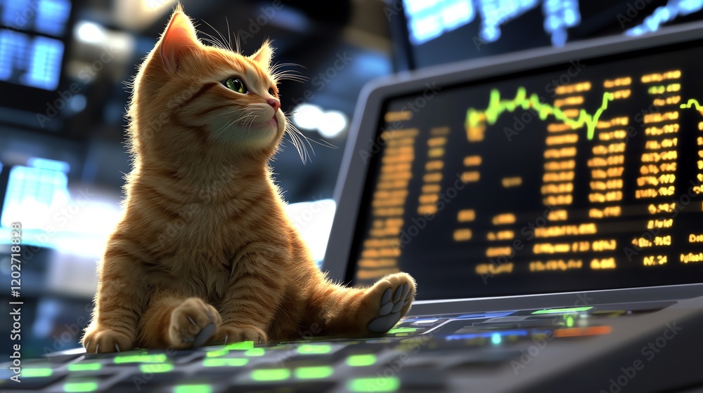 Poster cat curiously explores a computer keyboard at a financial office during a busy trading day