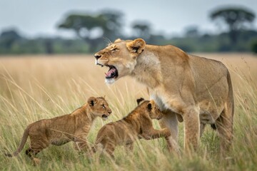 A lioness protecting her cubs from potential danger with a fierce stance, predator defense, lioness protection