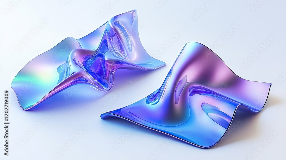 Poster iridescent wave shapes on white background generative ai