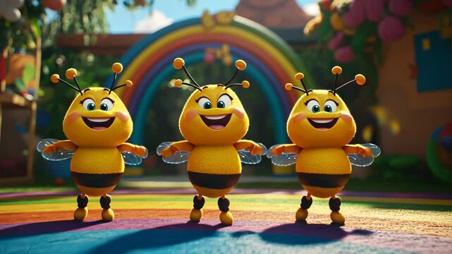 Cheerful cartoon bees dance joyfully in a vibrant garden setting during a sunny day