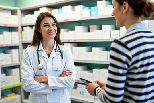 Friendly pharmacist advising a customer in a modern pharmacy, showcasing excellent healthcare service and patient interaction in a professional environment.