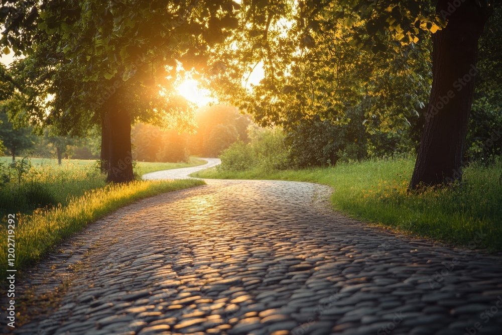 Poster peaceful cobblestone path winding through trees at sunset in a serene park landscape. generative ai