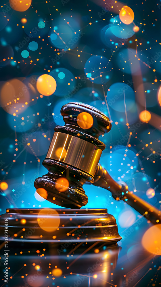 Aufkleber gavel on sound block with bokeh lights and network lines