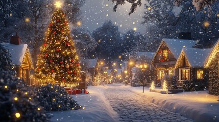 Fototapeta premium Snowy Christmas village street scene with illuminated Christmas tree and houses.
