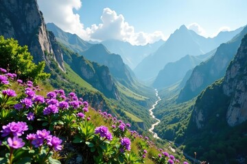 Fototapeta premium A mountainous terrain with lush greenery and purple flowers blooming on the rocks, mountains, blooms