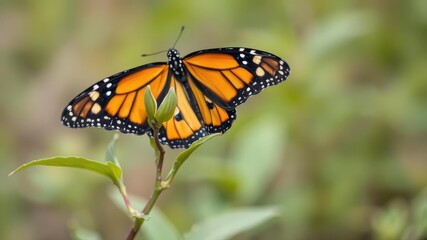 A monarch butterfly settles on a tender spring leaf with new growth, its vibrant orange and black wings a striking contrast to the fresh green surroundings, beauty, peaceful