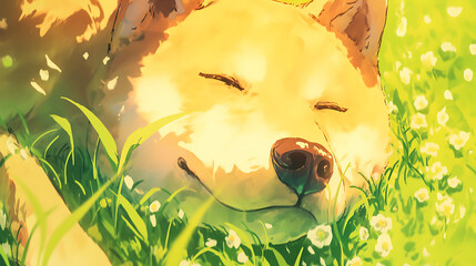 Peaceful dog resting in a sunlit meadow filled with flowers, embodying tranquility and nature