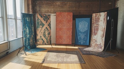 Five textile tapestries displayed on stands in a sunlit loft studio with antique rugs.