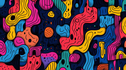 Vibrant abstract patterns in bold colors featuring swirling shapes and textures