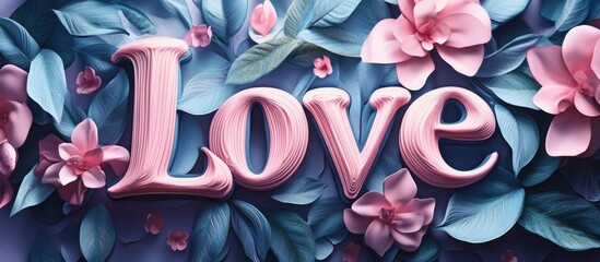 Pink 3D 'Love' word art surrounded by blue and pink flowers and leaves.