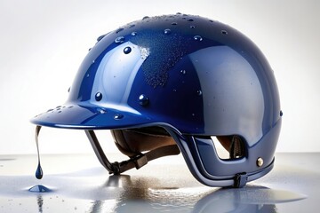A navy blue helmet with a dripping wet visor, resting on an isolated white surface, glistening, helmet, drips
