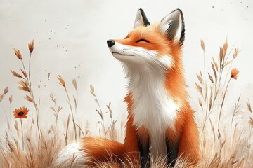 Obraz premium A serene fox sits gracefully among tall grass and flowers, exuding a peaceful aura.