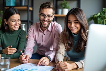 Collaborative Business Meeting: Three Professionals Engaged in Teamwork While Analyzing Graphs and Charts in a Modern Office Setting