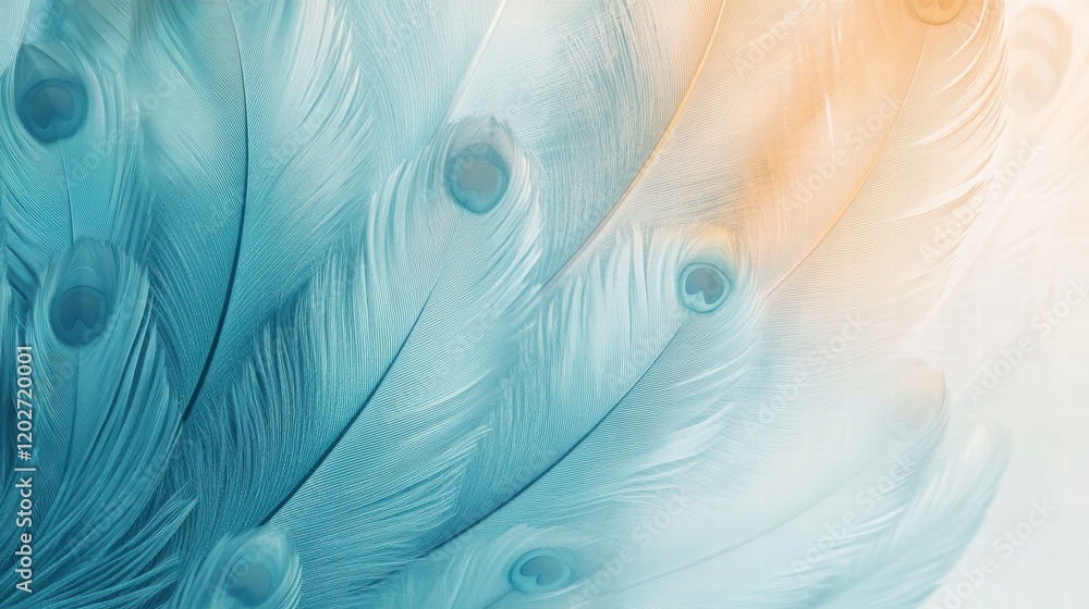 Poster vibrant peacock feathers displaying rich colors and intricate patterns in a soft, serene background 