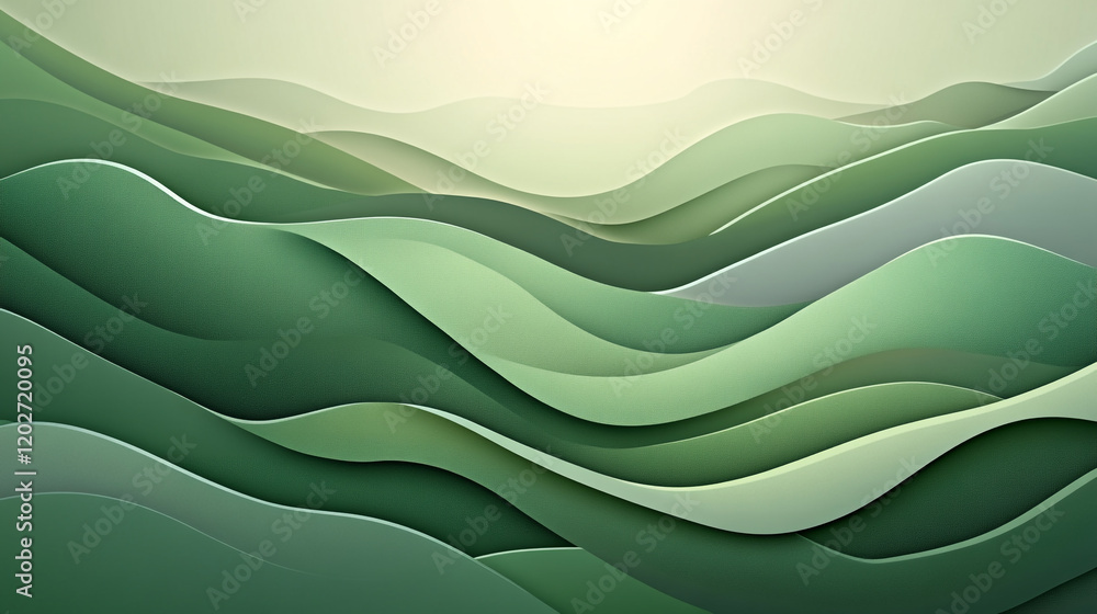 Poster waves of green create a serene abstract landscape with gentle undulations in a soft light