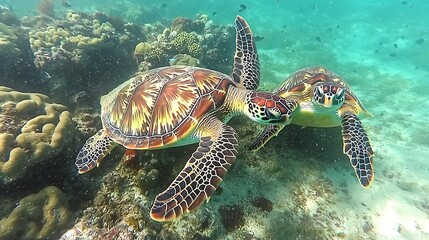 Obraz premium Tropical Sea Turtles Mating Coral Reef Underwater Wildlife