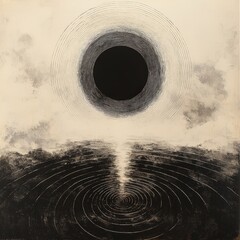 Abstract black and white painting of a solar eclipse reflected in rippling water. Suitable for wall art album covers or book illustrations.