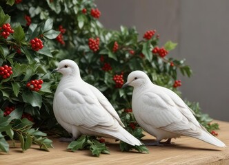 A small white dove resting on a bundle of holly, small, holly leaves