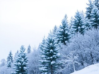 Fototapeta premium A snowy forest with tall pine trees covered in white snow, creating a serene and peaceful winter background, pine trees, white