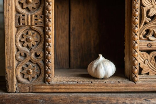 A solitary garlic clove nestled in the intricate carvings of an old wooden door frame, old_wooden_door_frame, garlic_clove, kitchen_elements, ornamental_carving, rustic_homes