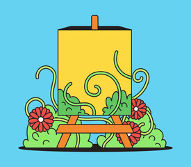 Painting nature on canvas with flower and plant at the background in cartoon hand drawn illustration 