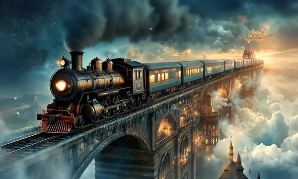 Cloudscape Steam Train Bridge Fantasy Travel