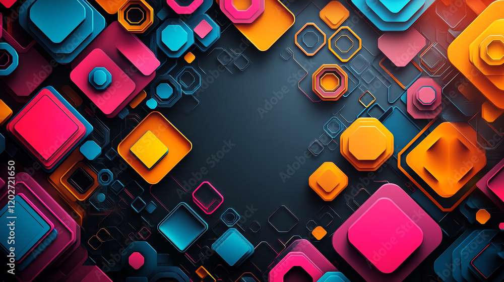 Poster colorful geometric shapes create an abstract digital design on a dark background