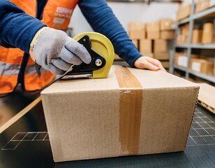 Preparing for Delivery, Warehouse Worker Sealing a Shipment Box