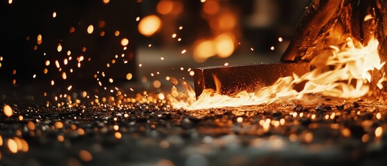 Molten metal flickers with fiery sparks, illustrating the raw power and artistry within an industrial forge.